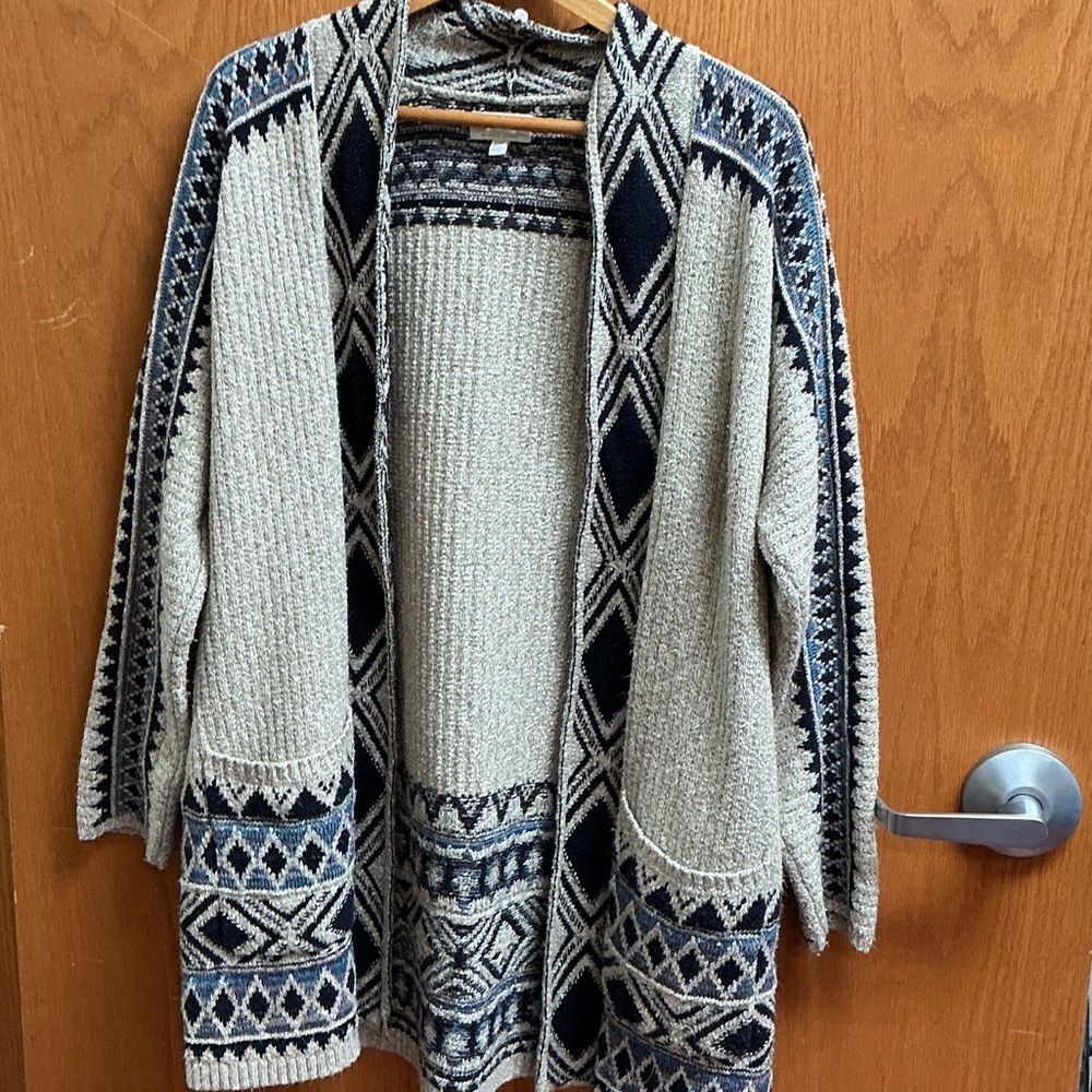 Lucky Brand Beige and Navy Geometric Cardigan